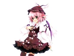 Rule 34 | 1girl, animal ears, brown eyes, earrings, female focus, fingernails, game cg, hand on own chest, hat, jewelry, mystia lorelei, open mouth, pink hair, riv (rivleaf), short hair, single earring, solo, thighhighs, touhou, transparent background, wings