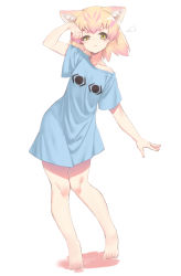 Rule 34 | 10s, 1girl, :&lt;, animal ears, barefoot, blonde hair, blue shirt, blush, cat ears, closed mouth, collarbone, extra ears, full body, highres, kemono friends, off shoulder, papipana, sand cat (kemono friends), shirt, short hair, short sleeves, sleepy, solo, squinting, standing, standing on one leg, yellow eyes