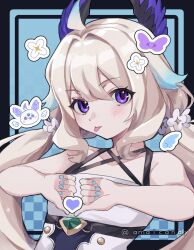 Rule 34 | 1girl, amai (amaicandy), blonde hair, blue nails, commentary, english commentary, enna alouette, enna alouette (1st costume), flower, hair flower, hair ornament, head wings, heart, low twintails, nijisanji, nijisanji en, petite, purple eyes, solo, tongue, tongue out, twintails, twitter username, upper body, virtual youtuber, wings