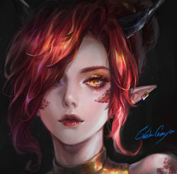 Rule 34 | 1girl, artist name, black background, close-up, hair over one eye, horns, lips, looking at viewer, nose, one eye covered, orange eyes, oreki genya, original, pointy ears, portrait, red hair, red lips, signature, solo
