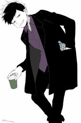 Rule 34 | 1boy, alternate costume, black suit, blouse, clenched teeth, coffee cup, cup, disposable cup, formal, himoshiki, hunched over, looking at viewer, male focus, matsuno ichimatsu, osomatsu-san, osomatsu (series), purple shirt, shirt, smile, suit, teeth