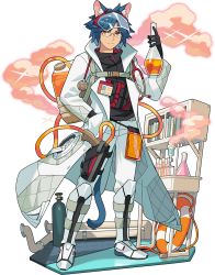 Rule 34 | 1boy, ahoge, animal ear fluff, animal ears, armor, artist request, backpack, bag, belt, black gloves, black shirt, blue hair, book, canister, cat boy, cat ears, cat tail, closed mouth, coat, flask, full body, glasses, gloves, greaves, gun, half-closed eyes, hand in pocket, hand up, handgun, high collar, highres, holding, holding flask, holster, indoors, industrial pipe, lab coat, liao (world flipper), lifebuoy, liquid, long sleeves, looking at viewer, male focus, non-web source, official art, open clothes, open coat, orange eyes, pants, pocket, pouch, round-bottom flask, shirt, shoes, short hair, sidelocks, smoke, solo, sparkle, standing, stethoscope, swim ring, table, tail, test tube, thigh holster, thigh strap, transparent background, tube, v-shaped eyebrows, visor, weapon, white coat, white footwear, white pants, world flipper