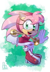 Rule 34 | 1girl, amy rose, animal ears, animal nose, boots, clenched hand, dress, flower, full body, furry, furry female, gloves, gold bracelet, green eyes, hairband, hedgehog, hedgehog ears, hedgehog girl, hedgehog tail, highres, looking at viewer, official alternate costume, open mouth, pink fur, red dress, red footwear, red hairband, rose, ryan rudnick, sleeveless, sleeveless dress, sonic (series), sonic superstars, tail, white gloves