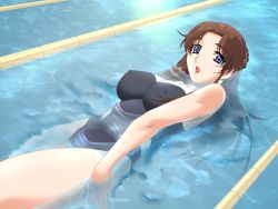 Rule 34 | 1girl, backstroke, black one-piece swimsuit, blue eyes, breasts, brown hair, competition swimsuit, covered erect nipples, discovery software, dutch angle, from above, game cg, gan-chan (artist), impossible clothes, impossible swimsuit, jewelry, lane line, large breasts, lipstick, long hair, looking at viewer, makeup, narushima ai, one-piece swimsuit, open mouth, pool, ring, solo, swimming, swimsuit, tsuma x tsuma 4, water, wet