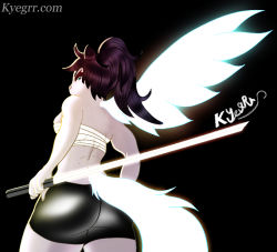 Rule 34 | 1girl, angel, ass, bird, black background, black hair, blue eyes, breasts, feathers, glowing, hair over eyes, huge ass, katana, kyegrr, large breasts, long hair, long tail, looking at viewer, looking back, original, self-upload, shorts, solo, squirrel, sword, tail, thighs, weapon, wings