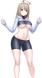 Rule 34 | 1girl, ahoge, areola slip, bike shorts, black sports bra, blush, breasts, brown eyes, brown hair, chado maki, closed mouth, commentary request, cosplay, covered collarbone, cowboy shot, groin, hair between eyes, hands up, highres, hood, hood down, hoodie, large breasts, long sleeves, looking at viewer, medium hair, myouan, navel, original, shirakami itsuki, shirakami itsuki (cosplay), shrug (clothing), sidelocks, simple background, skindentation, sleeves past wrists, solo, sports bra, standing, stomach, sweat, taut clothes, thick eyebrows, underboob, white background, white hoodie