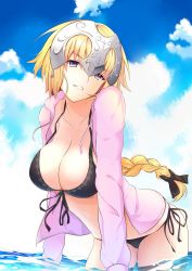 Rule 34 | 1girl, alternate costume, bikini, black bikini, black bow, black ribbon, blonde hair, blush, bow, braid, breasts, cleavage, cloud, cloudy sky, collarbone, day, fate/apocrypha, fate (series), front-tie bikini top, front-tie top, guanghe zuoyong de de yezi, hair bow, head tilt, headpiece, highres, jacket, jeanne d&#039;arc (fate), jeanne d&#039;arc (ruler) (fate), jeanne d&#039;arc (white cruising) (fate), large breasts, leaf, long hair, looking at viewer, open clothes, open jacket, outdoors, parted lips, pink jacket, purple eyes, ribbon, side-tie bikini bottom, single braid, skindentation, sky, smile, solo, standing, swimsuit, very long hair, wading