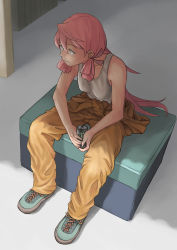 Rule 34 | 1girl, akashi (kancolle), alternate costume, breasts, can, closed mouth, clothes around waist, full body, hair ribbon, highres, holding, jumpsuit, jumpsuit around waist, kantai collection, long hair, medium breasts, monster energy, orange jumpsuit, pink hair, ribbon, shoes, sitting, sneakers, solo, tank top, taruya, tress ribbon, white tank top