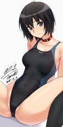 1girl absurdres alternate_breast_size amagami arm_support belt belt_collar black_eyes black_hair black_one-piece_swimsuit black_socks blue_one-piece_swimsuit breasts closed_mouth collar collarbone commentary_request competition_swimsuit dated hair_between_eyes highleg highleg_one-piece_swimsuit highres kneehighs large_breasts looking_at_viewer nanasaki_ai one-piece_swimsuit red_belt short_hair signature simple_background smile socks solo split_mouth spread_legs swimsuit two-tone_one-piece_swimsuit white_background yoo_tenchi