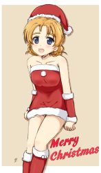 Rule 34 | 1girl, arm warmers, artist name, bare shoulders, blue eyes, boots, braid, brown background, christmas, commentary, cowboy shot, cursive, dress, english text, girls und panzer, hat, invisible chair, knee boots, looking at viewer, ma-2 (konkon kitakitsune), merry christmas, open mouth, orange hair, orange pekoe (girls und panzer), outside border, parted bangs, red footwear, red hat, santa boots, santa dress, santa hat, short dress, short hair, signature, simple background, sitting, smile, solo, strapless, strapless dress, twin braids