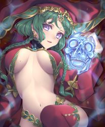 Rule 34 | 1girl, absurdres, blue eyes, braid, breasts, breasts apart, earrings, fate/grand order, fate (series), green hair, highres, jewelry, kuraha1601, long hair, looking at viewer, low twin braids, medium breasts, mole, mole on breast, nail polish, navel, open mouth, red thighhighs, revealing clothes, salome (fate), skull, smile, solo, thighhighs, twin braids, veil