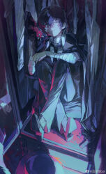 Rule 34 | 1boy, 1other, arm on knee, bandaged arm, bandaged neck, bandages, black hair, black jacket, black sleeves, blood, blood drip, blood on face, blood splatter, bungou stray dogs, chinese commentary, closet, coattails, collared jacket, collared shirt, commentary request, covering one eye, crossed legs, cui (jidanhaidaitang), dazai osamu (bungou stray dogs), flower, full body, glasses, grey footwear, grey headwear, grey pants, gun, hair between eyes, half-closed eye, handgun, hat, highres, indoors, jacket, light smile, long sleeves, male focus, murder, necktie, open clothes, open jacket, out of frame, pants, parted lips, red eyes, red flower, red necktie, red sleeves, round eyewear, shell casing, shirt, shoes, short hair, sitting, sleeves past elbows, solo focus, torn sleeve, unworn hat, unworn headwear, watermark, weapon, weibo logo, weibo watermark, white shirt, wooden floor