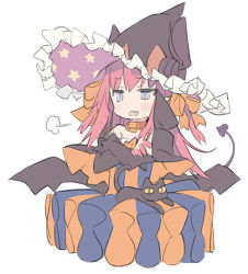 Rule 34 | 10s, 1girl, :d, animal, bare shoulders, black cat, black hat, black wings, blade (galaxist), blue eyes, blush, bow, cat, crossed arms, curled horns, demon tail, detached sleeves, dragon horns, dress, elizabeth bathory (fate), elizabeth bathory (fate/extra ccc), fang, fate/extra, fate/extra ccc, fate (series), frilled hat, frills, hair between eyes, hair bow, hat, horns, horns through headwear, jack-o&#039;-lantern, long hair, long sleeves, looking at viewer, low wings, multicolored clothes, multicolored dress, open mouth, orange bow, pink hair, print headwear, simple background, skin fang, smile, solo, star (symbol), star print, striped clothes, striped dress, tail, upper body, vertical-striped clothes, vertical-striped dress, very long hair, white background, wings, witch hat