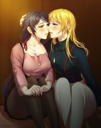 Rule 34 | 10s, 2girls, ayase eli, bad id, bad pixiv id, blonde hair, blue eyes, blush, breasts, casual, green eyes, hand on another&#039;s head, imminent kiss, jewelry, large breasts, lilaccu, long hair, love live!, love live! school idol festival, love live! school idol project, medium breasts, multiple girls, necklace, pantyhose, ponytail, purple hair, sitting, skirt, tojo nozomi, twintails, yuri