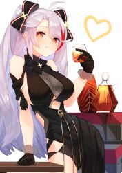 Rule 34 | 1girl, absurdres, antenna hair, aoiro (t aoiro123), arm support, azur lane, bare shoulders, black dress, black gloves, bottle, bow, breasts, clothing cutout, cowboy shot, cup, dress, drinking glass, gloves, hair bow, hand up, highres, holding, large breasts, long hair, looking at viewer, mole, mole on breast, multicolored hair, orange eyes, prinz eugen (azur lane), prinz eugen (cordial cornflower) (azur lane), side cutout, sleeveless, sleeveless dress, smile, solo, standing, streaked hair, two side up