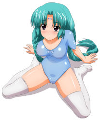 Rule 34 | 1990s (style), 1girl, absurdres, aqua hair, braid, breasts, canal vorfeed, covered erect nipples, green hair, highres, large breasts, leotard, long hair, lost universe, purple eyes, retro artstyle, sitting, solo, sugimura tomokazu, thighhighs, twin braids, wariza, white thighhighs