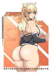 Rule 34 | 1girl, ass, ass focus, bare shoulders, bikini, blonde hair, blue eyes, breasts, covered erect nipples, cropped jacket, from behind, goddess of victory: nikke, headgear, huge ass, large breasts, long hair, looking at viewer, looking back, shimetta masuta, sideboob, solo, swimsuit, thick thighs, thighs, thong, thong bikini, tove (nikke)