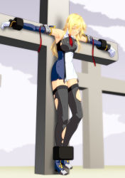 Rule 34 | 1girl, a-ru (dn1217), absurdres, arc system works, armpits, black thighhighs, blazblue, blonde hair, cross, crucifixion, detached sleeves, dress, full body, gloves, highres, long hair, necktie, noel vermillion, panties, pantyshot, restrained, ryona, short dress, solo, stationary restraints, thighhighs, torn clothes, torn thighhighs, underwear, uniform, white gloves, white panties