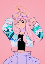 Rule 34 | 1girl, artist name, bad id, bad twitter id, black eyes, broken horn, crescent, floating, halo, hands up, horns, jacket, long hair, long sleeves, meyoco, midriff, one eye closed, oni horns, original, pink background, pink hair, pleated skirt, print jacket, purple skirt, shadow, simple background, skirt, solo, sparkle, wave print