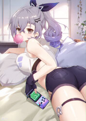 Rule 34 | 1girl, ass, bare arms, bare shoulders, black gloves, black shorts, breasts, blowing bubbles, commentary request, crop top, drill hair, gloves, grey eyes, grey hair, hair ornament, hairclip, highres, honkai: star rail, honkai (series), large breasts, linreplica, long hair, lying, midriff, on stomach, ponytail, shirt, short shorts, shorts, silver wolf (honkai: star rail), solo, thigh strap, thighs, white shirt