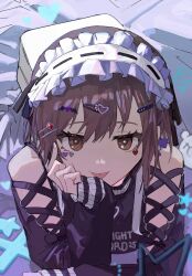Rule 34 | 1girl, absurdres, backpack, bag, bow, bow earrings, brown eyes, brown hair, clothing cutout, commentary, cross-laced clothes, cross-laced sleeves, earrings, hair ornament, hairband, hairclip, head rest, heart, heart hair ornament, highres, jewelry, kurattes, lolita hairband, long sleeves, looking at viewer, lying, negai wa itsuka asa wo koete (project sekai), on stomach, project sekai, purple sweater, shinonome ena, short hair, shoulder cutout, skirt, solo, sweater, tongue, tongue out, white bag, white skirt