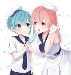 Rule 34 | 1boy, 1girl, blue eyes, blue hair, child, dress, food, hat, heterochromia, jewelry, necklace, necktie, nei (os), open mouth, original, os (os fresa), pink hair, popsicle, purple eyes, red eyes, sailor collar, sailor hat, simple background, souta (os), twitter username, white background
