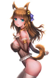 Rule 34 | 1girl, animal ears, ass, bare shoulders, bell, blue eyes, blue ribbon, braid, breasts, brown hair, cleavage, collar, covered erect nipples, detached sleeves, dog ears, dog tail, fox ears, fox girl, fox tail, from side, hair bell, hair ornament, hair ribbon, highleg, highleg leotard, highres, jingle bell, large breasts, leotard, long hair, looking at viewer, looking to the side, original, revision, ribbon, solo, striped clothes, striped leotard, tail, thighhighs, thong leotard, white thighhighs, youbou