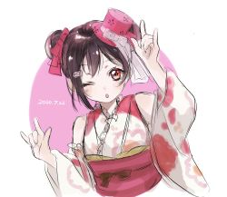 Rule 34 | 1girl, :o, artist name, artist request, bare legs, bare shoulders, black hair, blush, bow, double bun, female focus, floral print, flower print, hair bow, hair bun, hat, hat ribbon, highres, japanese clothes, kimono, looking at viewer, love live!, love live! school idol festival, love live! school idol project, mini hat, nico nico nii, one eye closed, parted lips, patriot (namanikujyanaiz), pink hat, red bow, red eyes, ribbon, short hair, smile, solo, twintails, white background, white kimono, white ribbon, yazawa nico
