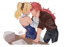 Rule 34 | 1boy, 1girl, ahoge, alternate costume, bare shoulders, blonde hair, couple, desk, diluc (genshin impact), genshin impact, hand on another&#039;s face, hetero, jean (genshin impact), laughing, long hair, red eyes, red hair, simple background, smile, soc nau, white background