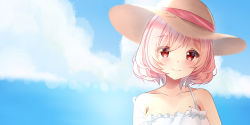 Rule 34 | 1girl, blue sky, closed mouth, cloud, dress, hat, hat ribbon, highres, looking at viewer, maru.selinn, mole on body, original, outdoors, pink eyes, pink hair, pink ribbon, ribbon, short hair, sky, smile, solo, strap slip, straw hat, summer, sundress, upper body, white dress