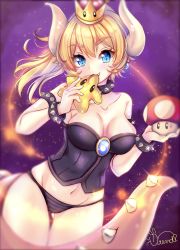 Rule 34 | 1girl, armlet, bare shoulders, black corset, black panties, blonde hair, blue eyes, blurry, blush, bowsette, bracelet, breasts, cleavage, collar, corset, corst, crown, depth of field, fang, glint, hair between eyes, highres, horns, jewelry, large breasts, mario (series), mushroom, nail polish, nintendo, open mouth, panties, pointy ears, solo, spiked armlet, spiked bracelet, spiked collar, spikes, striped clothes, striped panties, super crown, super star (mario), underwear