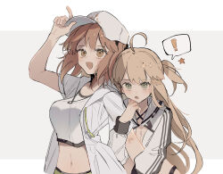Rule 34 | !, 2girls, :o, ahoge, baseball cap, blonde hair, blush, breasts, brown eyes, character request, cowboy shot, crop top, drawstring, fate/grand order, fate (series), grey jacket, hand up, hat, highres, holding another&#039;s arm, jacket, long hair, long sleeves, looking at viewer, medium breasts, medium hair, midriff, multiple girls, navel, note nii, one side up, open clothes, open jacket, open mouth, shirt, simple background, smile, speech bubble, star (symbol), white background, white jacket, white shirt