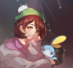 Rule 34 | 1girl, blurry, blush, brown eyes, brown hair, buttons, cardigan, closed mouth, collared dress, commentary request, creatures (company), cup, disposable cup, dress, eyelashes, game freak, gen 8 pokemon, glass, gloria (pokemon), green headwear, grey cardigan, hat, head rest, highres, long sleeves, looking at viewer, nintendo, pink dress, pokemon, pokemon (creature), pokemon swsh, sapphire yue, short hair, smile, sobble, tam o&#039; shanter, water