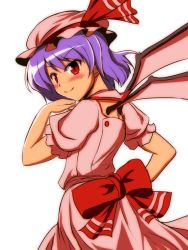 Rule 34 | 1girl, bat wings, blush, bow, from behind, hand on own hip, hat, hat bow, honda takaharu, light purple hair, looking back, red eyes, remilia scarlet, solo, touhou, white background, wings