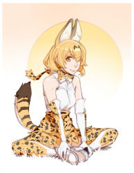 Rule 34 | 10s, 1girl, animal ears, bare shoulders, bow, bowtie, breasts, closed mouth, commentary request, elbow gloves, gloves, high-waist skirt, indian style, kemono friends, materclaws, medium breasts, orange bow, orange bowtie, orange eyes, orange hair, orange skirt, orange thighhighs, serval (kemono friends), serval print, serval tail, shirt, sitting, skirt, sleeveless, sleeveless shirt, smile, solo, tail, thighhighs, white shirt
