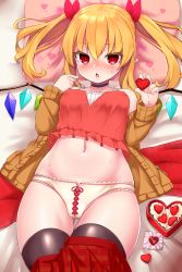 Rule 34 | 1girl, alternate hairstyle, black thighhighs, blonde hair, blush, box, breasts, candy, chiroshiron, chocolate, chocolate heart, clothes pull, crop top, flandre scarlet, food, gift, gift box, hair ribbon, heart, highres, long hair, looking at viewer, lying, medium breasts, navel, on back, on bed, panties, pillow, pointy ears, red eyes, red ribbon, red skirt, ribbon, skirt, skirt pull, solo, sweat, thighhighs, touhou, twintails, underwear, valentine, white panties, wings