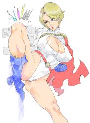 Rule 34 | 1girl, bad feet, belt, blonde hair, blue eyes, boots, breasts, cameltoe, cape, cleavage, dc comics, feet, female focus, gloves, highres, kyuraa (kyura9een), large breasts, leg up, leotard, power girl, short hair, solo, white background
