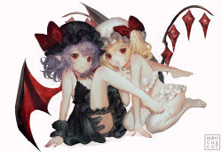 Rule 34 | 2girls, alternate costume, arm support, ass, barefoot, bat wings, black headwear, blonde hair, bow, breasts, bridal garter, cleavage, commentary, crystal, duplicate, finger to mouth, flandre scarlet, frills, full body, hair between eyes, hair bow, hat, light blush, looking at viewer, medium breasts, medium hair, mob cap, mochacot, multiple girls, nail polish, one side up, parted lips, pixel-perfect duplicate, pointy ears, purple hair, red bow, red eyes, red nails, remilia scarlet, shushing, siblings, simple background, sisters, slit pupils, toes, touhou, white background, white headwear, wings, wrist cuffs