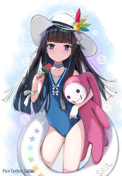 Rule 34 | 1girl, bare shoulders, black hair, blue one-piece swimsuit, bow, closed mouth, collarbone, commentary request, food, hat, highres, holding, holding food, hugging object, innertube, liclac, long hair, one-piece swimsuit, original, popsicle, purple eyes, rubber duck, solo, standing, stuffed animal, stuffed rabbit, stuffed toy, sun hat, swim ring, swimsuit, very long hair, watermelon bar, white bow, white hat