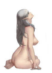 Rule 34 | 1girl, ass, bad id, bad pixiv id, barefoot, breasts, full body, highres, large breasts, long hair, looking up, nipples, nude, original, pointy ears, silver hair, simple background, sitting, sky of morika, solo, white background