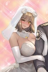 Rule 34 | 1boy, 1girl, absurdres, anis (nikke), blush, breasts, bridal veil, bride, brown hair, cleavage, closed mouth, commander (nikke), dress, elbow gloves, flower, gloves, goddess of victory: nikke, highres, holding another&#039;s arm, large breasts, lips, military uniform, one eye closed, orange eyes, raskasar, short hair, smile, strapless, strapless dress, tan, uniform, veil, wedding dress, white dress, white flower, white gloves