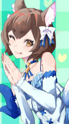 Rule 34 | 1boy, ;p, animal ears, bare shoulders, blue choker, blue dress, brown eyes, brown hair, cat ears, choker, detached sleeves, double-parted bangs, dress, felix argyle, hair between eyes, highres, male focus, one eye closed, own hands clasped, own hands together, re:zero kara hajimeru isekai seikatsu, rokka (rokka 013a), short hair, sleeveless, sleeveless dress, solo, spaghetti strap, thick eyebrows, tongue, tongue out, trap