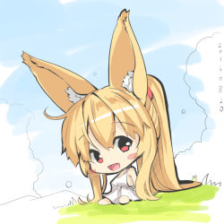 Rule 34 | 1girl, :d, absurdly long hair, animal ears, bare arms, bare shoulders, barefoot, blonde hair, blue sky, blush stickers, breasts, chibi, cloud, dated, day, dress, fox ears, fox girl, fox tail, hair between eyes, high ponytail, long hair, looking at viewer, medium breasts, on grass, open mouth, original, outdoors, ponytail, red eyes, sitting, sky, sleeveless, sleeveless dress, smile, solo, tail, very long hair, white dress, yuuji (yukimimi)