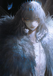 Rule 34 | 1boy, au (d elete), black background, blue eyes, bug, butterfly, closed mouth, commentary, crown, diamond hairband, fate/grand order, fate (series), fur collar, fur trim, grey fur, grey hair, hair between eyes, high collar, highres, insect, insect wings, looking at viewer, male focus, medium hair, oberon (fate), oberon (third ascension) (fate), shirt, signature, solo, spoilers, twitter username, upper body, white shirt, wings