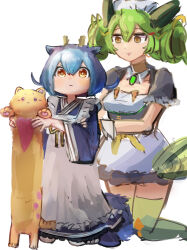 Rule 34 | 1other, 2girls, :&lt;, animal, apron, blue hair, cat, closed mouth, commentary, dragon girl, dragonmaid (yu-gi-oh!), dress, duel monster, feet out of frame, frilled apron, frills, full body, green hair, green thighhighs, hair between eyes, hatano kiyoshi, heart, highres, holding, holding animal, holding cat, horns, kneeling, laundry dragonmaid, long sleeves, longcat (meme), looking at viewer, maid, melffy catty, meme, multicolored hair, multiple girls, parlor dragonmaid, puffy short sleeves, puffy sleeves, short hair, short sleeves, simple background, smile, tail, thighhighs, tongue, tongue out, two-tone hair, v-shaped eyebrows, white background, wide sleeves, yellow cat, yellow eyes, yu-gi-oh!