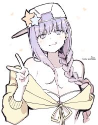 Rule 34 | 1girl, absurdres, bb (fate), bb (fate) (all), bb (swimsuit mooncancer) (fate), bb (swimsuit mooncancer) (first ascension) (fate), bikini, bikini under clothes, braid, breasts, cleavage, commentary, cropped torso, fate/grand order, fate (series), hair over shoulder, hand up, heart, highres, hood, hood down, hooded jacket, jacket, long hair, long sleeves, medium breasts, off shoulder, puffy long sleeves, puffy sleeves, purple eyes, purple hair, sideways hat, signature, simple background, single braid, sofra, solo, star (symbol), swimsuit, twitter username, upper body, v, v-shaped eyebrows, very long hair, white background, white bikini, white headwear, yellow jacket