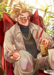 Rule 34 | 1boy, alternate costume, black shirt, blonde hair, blouse, boku no hero academia, can, canned coffee, commentary, drink, drink can, earrings, english commentary, facial hair, facial mark, feathered wings, feathers, grey jacket, grey pants, hawks (boku no hero academia), highres, holding, holding can, jacket, jewelry, long sleeves, looking at viewer, male focus, necklace, orange-tinted eyewear, pants, plant, red feathers, red wings, ring, shirt, shoes, short hair, smile, sneakers, solo, sony (gaysony), squatting, sunglasses, tinted eyewear, v, white footwear, wings, yellow eyes