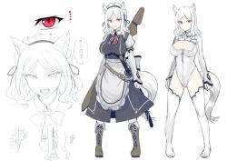 Rule 34 | 1girl, animal ears, boots, breasts, cleavage, dress, leotard, looking at viewer, maid headdress, multiple views, original, parted bangs, red eyes, sketch, tail, thighhighs, walzrj, white background, white hair