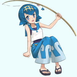 Rule 34 | 1girl, :d, blouse, blue eyes, blue hair, blue pants, blue sailor collar, blush, bright pupils, clenched hand, commentary request, creatures (company), fishing lure, fishing rod, flip-flops, freckles, full body, game freak, gen 7 pokemon, hairband, hand up, happy, holding, holding fishing rod, lana (pokemon), ni-jo, nintendo, no sclera, one-piece swimsuit, open mouth, pants, pokemon, pokemon sm, popplio, sailor collar, sandals, shirt, short hair, sleeveless, sleeveless shirt, smile, solo, swimsuit, swimsuit under clothes, toes, tongue, wave print, white pupils, white shirt, yellow hairband