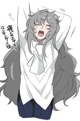 Rule 34 | 1boy, argalia (project moon), arm up, blue pants, blush, closed eyes, collared shirt, cowboy shot, grey hair, highres, library of ruina, long hair, long sleeves, male focus, messy hair, mu46016419, open mouth, pants, project moon, shirt, simple background, solo, squeans, stretching, very long hair, white background, white shirt, yawning